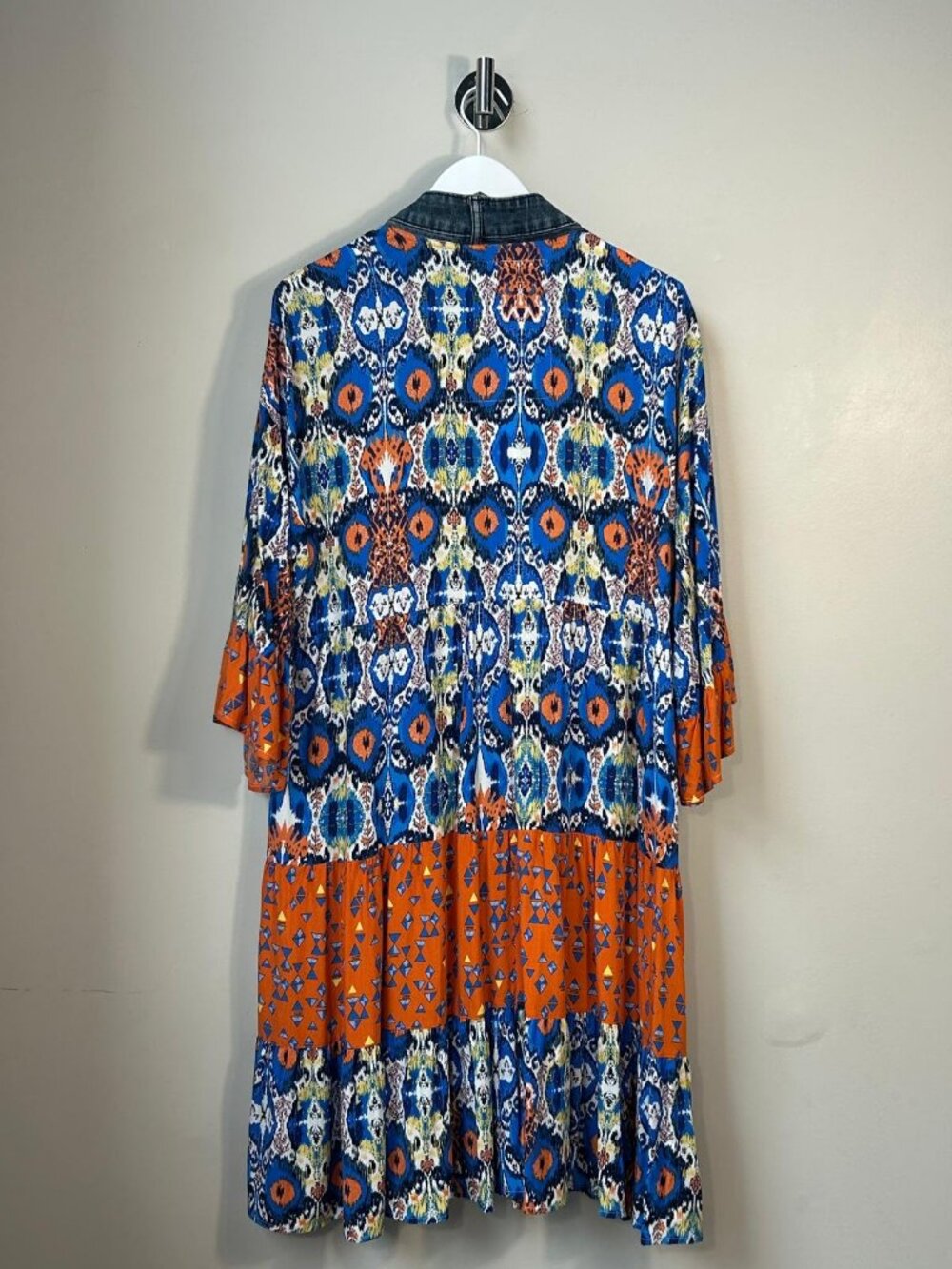 NWT Shannon Passero O/S Boho Ikat Kimono Duster Cardigan Denim Trim Orange Blue - Picture 4 of 6